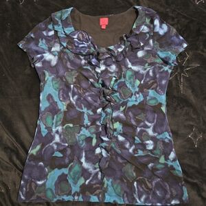 212 Collection Blue Teal Ruffled Short Sleeve Blouse